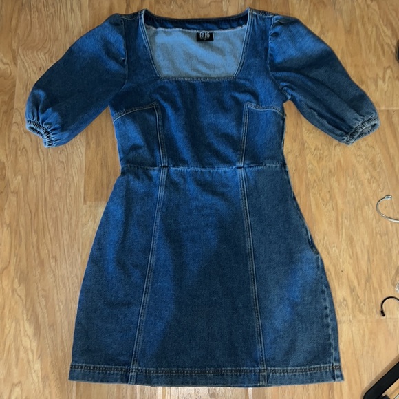 uo denim dress Urban Outfitters UO Angelique Fit-And-Flare Strapless Denim Mini Dress